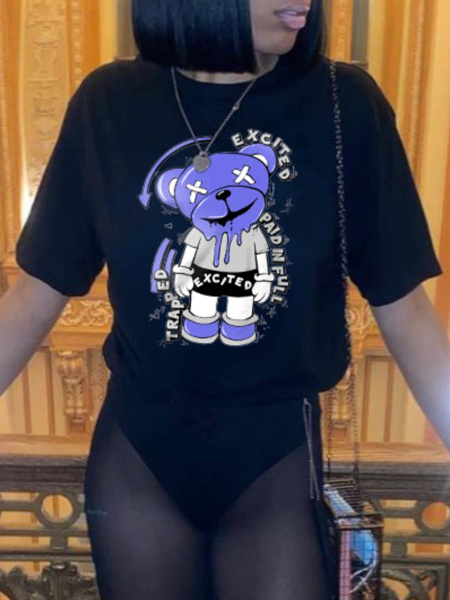 LovelyWholesale Cartoon Letter Print T-shirt Summer Short Sleeve Casual Round Neck Spring Summer 2024