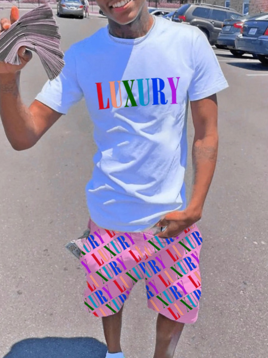 LovelyWholesale Men Luxury Letter Print Shorts Set Summer Short Sleeve Casual Round Neck Spring Summer 2024