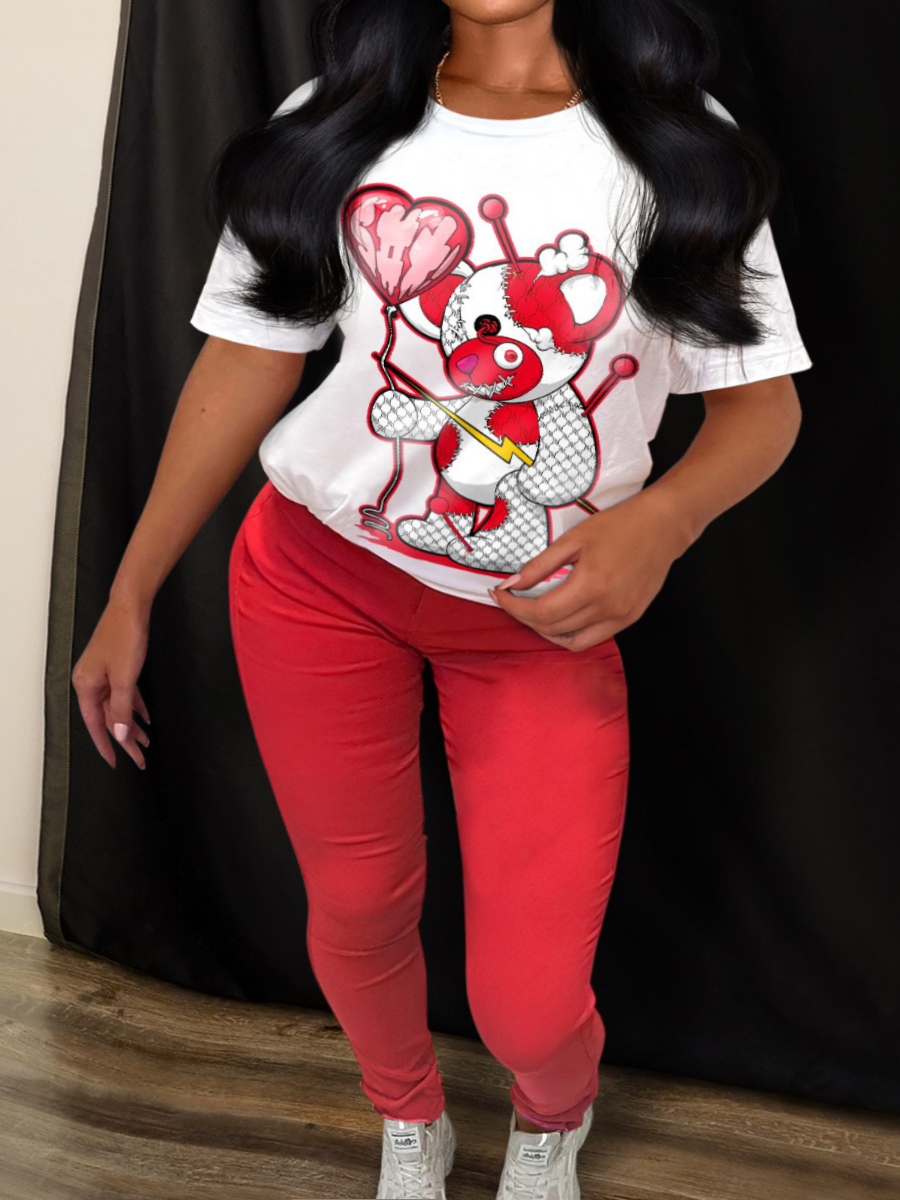 LovelyWholesale Plus Size Cartoon Print Skinny Pants Set Spring Short Sleeve Casual Round Neck  5X Spring Summer 2024