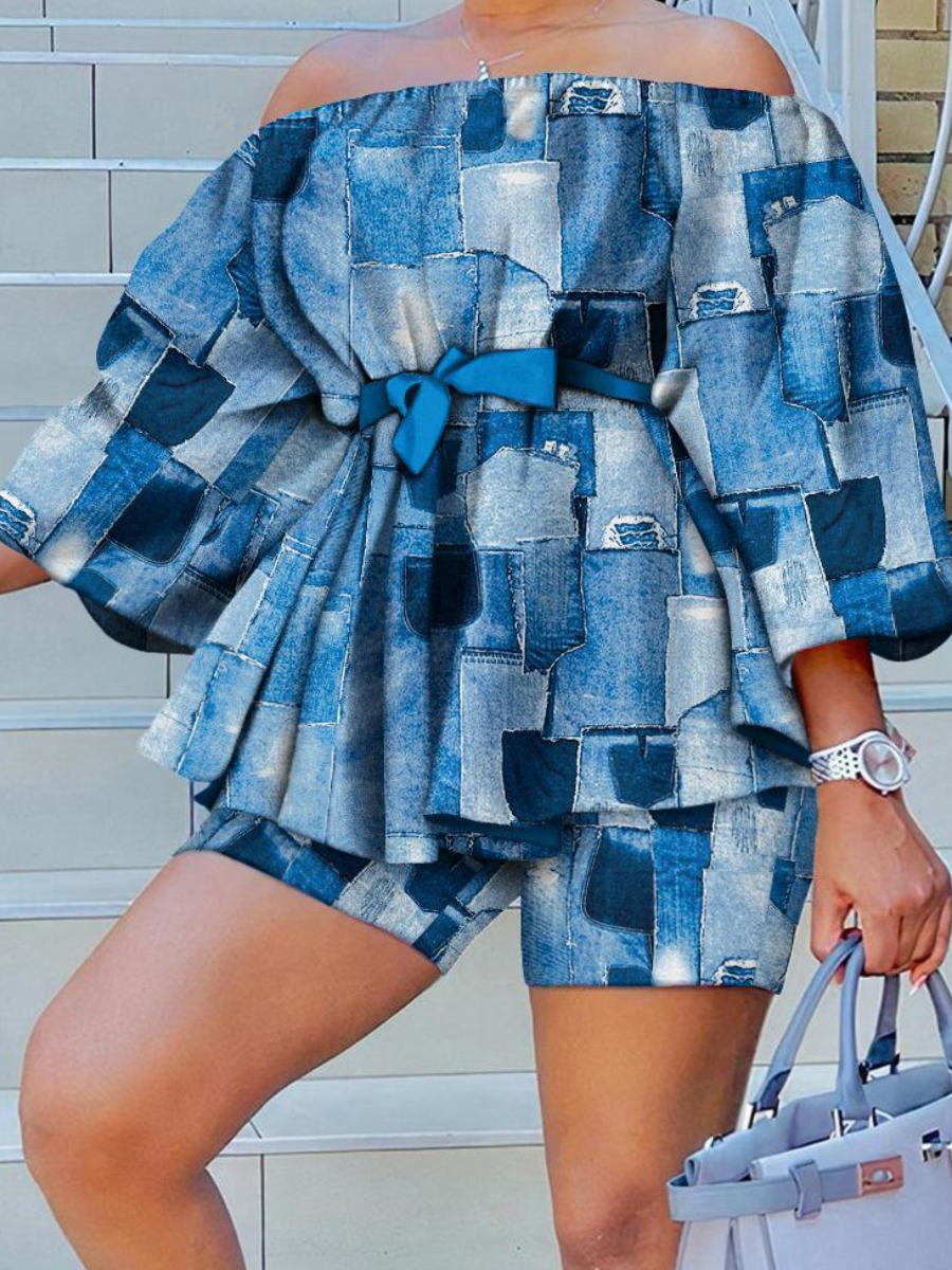 LovelyWholesale Plus Size Off The Shoulder Bandage Design Shorts Set Summer Three Quarter Elegant Bandage Design Bateau Neck  3X Spring Summer 2024