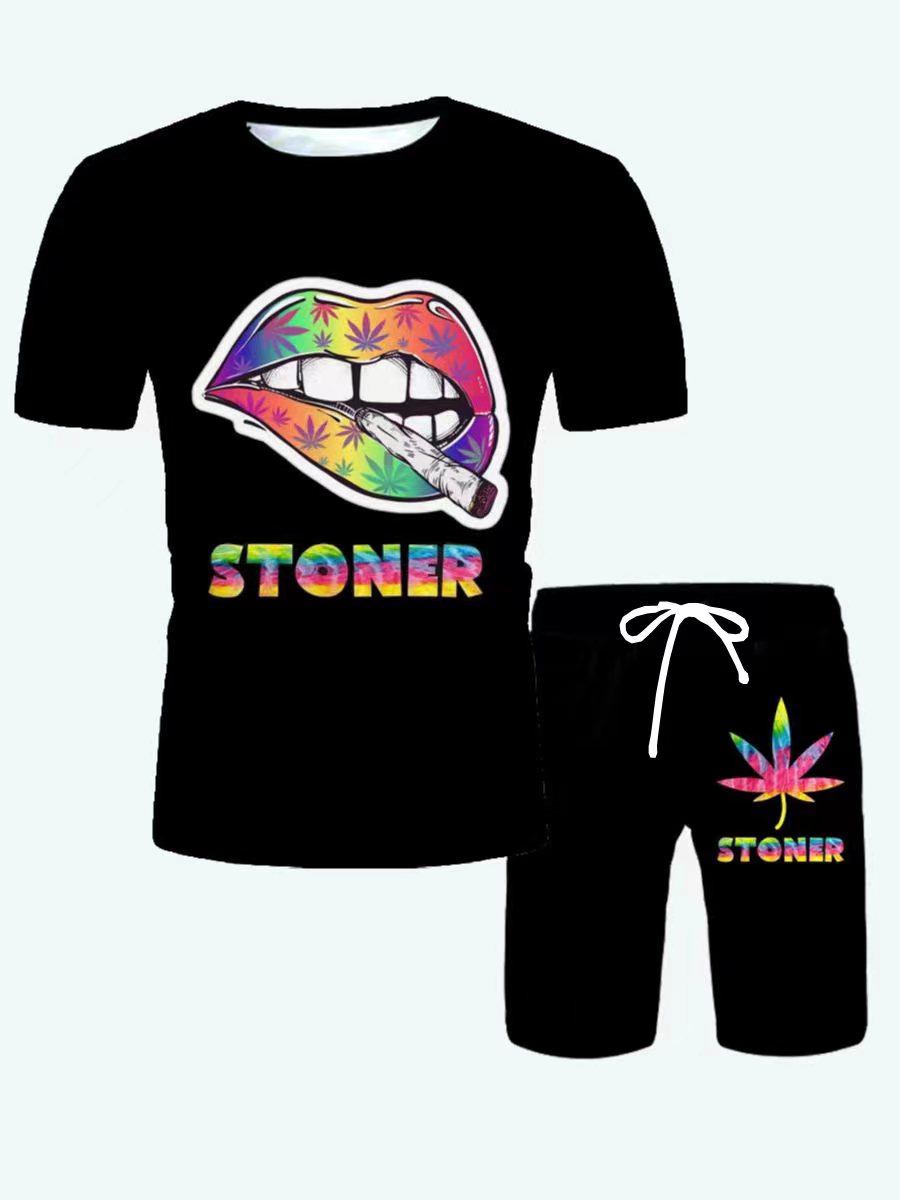 LovelyWholesale Men Street Lip Letter Print Black Two Piece Shorts Set Summer Short Sleeve Casual Letter Round Neck Spring Summer 2024