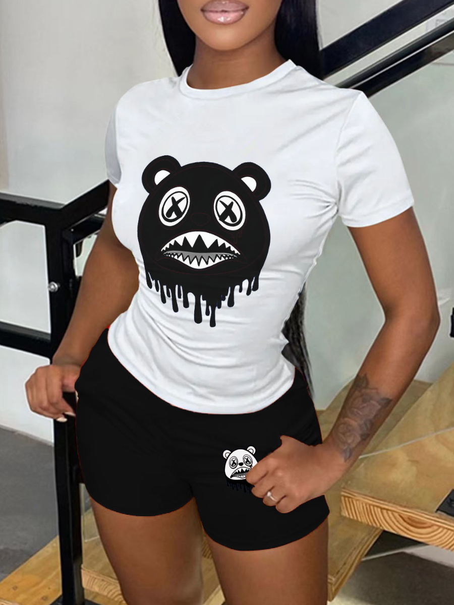 LovelyWholesale Cartoon Print Regular Fit Shorts Set Summer Short Sleeve Stylish Round Neck Spring Summer 2024