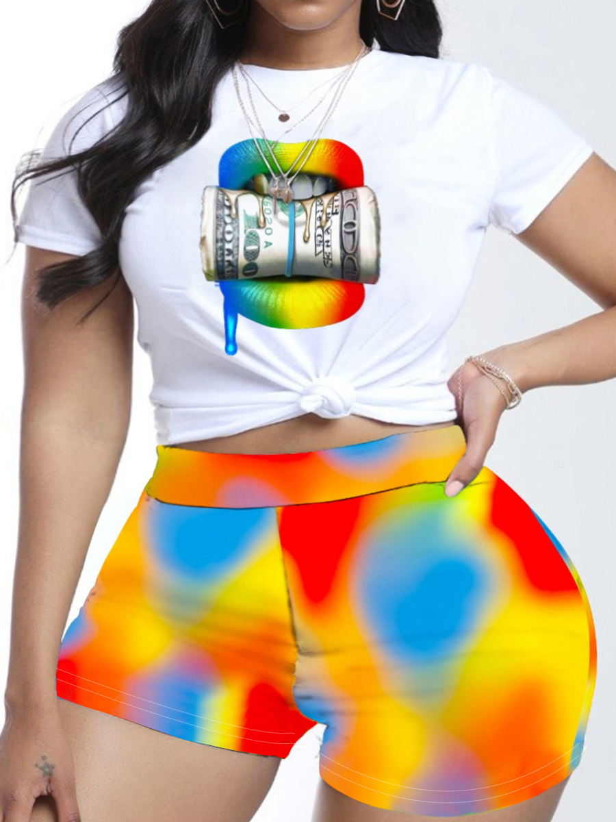 LW Plus Size Lip Money Print Tie-dye Shorts Set