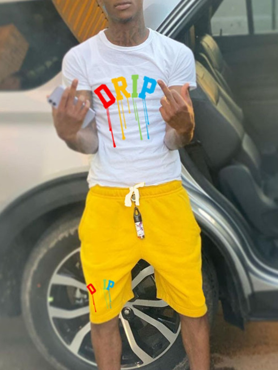 LovelyWholesale Men Drip Letter Print Drawstring Shorts Set Summer Short Sleeve Casual Round Neck Spring Summer 2024