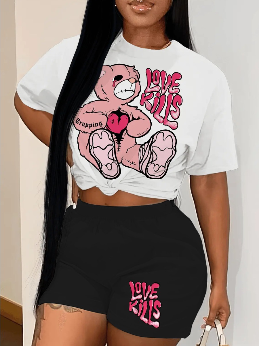 LW Teddy Bear Love Letter Print Shorts Set