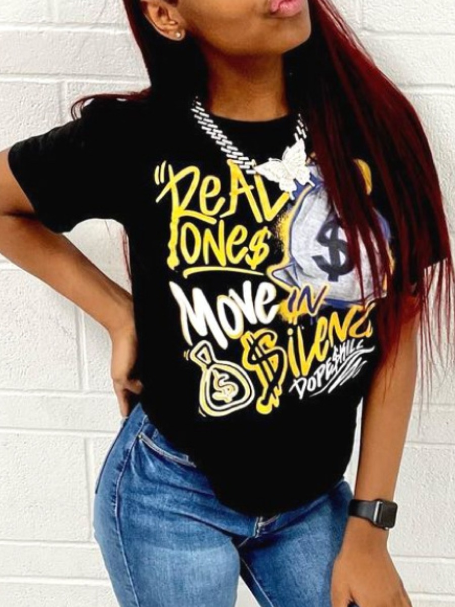 LovelyWholesale Money Letter Print T-shirt Summer Short Sleeve Casual Round Neck Spring Summer 2024