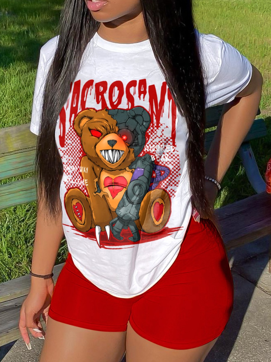 LW Plus Size Bear Cartoon Letter Print Shorts Set