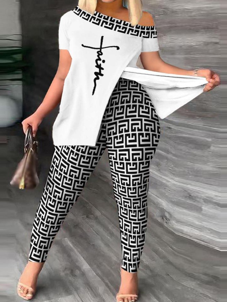 LovelyWholesale Geometric Faith Letter Print Striped Side Split Pants Set Spring Short Sleeve Street Cold Shoulder Spring Summer 2024