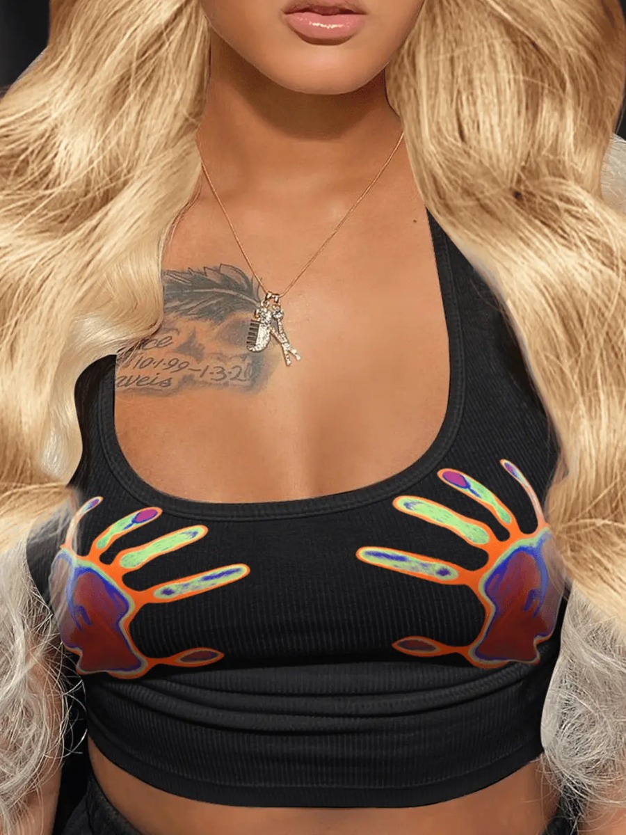 LovelyWholesale Palm Print Rib Knit Camisole Summer Sleeveless Casual Pattern Round Neck Spring Summer 2024