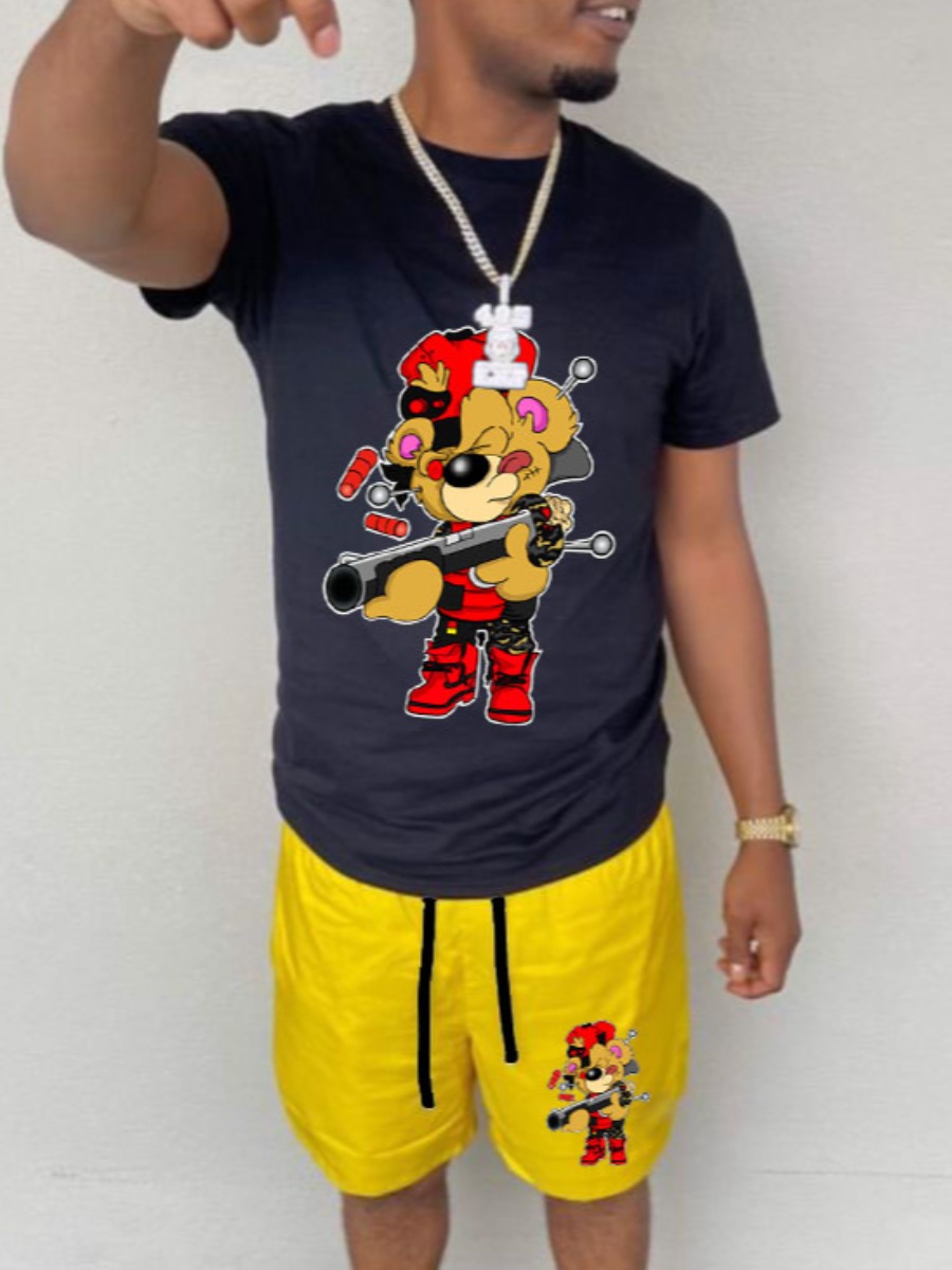 LW Men Bear Cartoon Print Drawstring Shorts Set