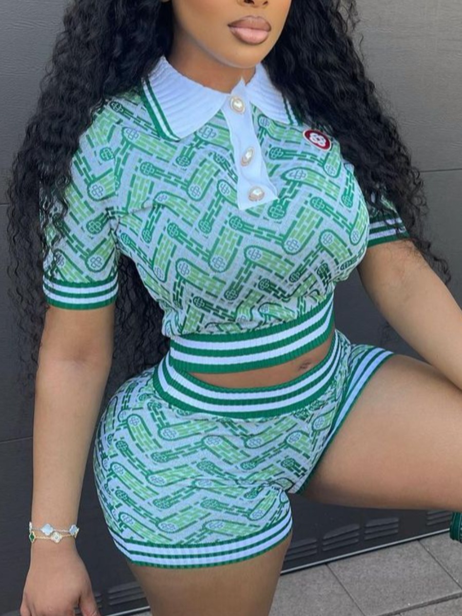 LW Polo Neck Crop Top Geometric Print Striped Shorts Set