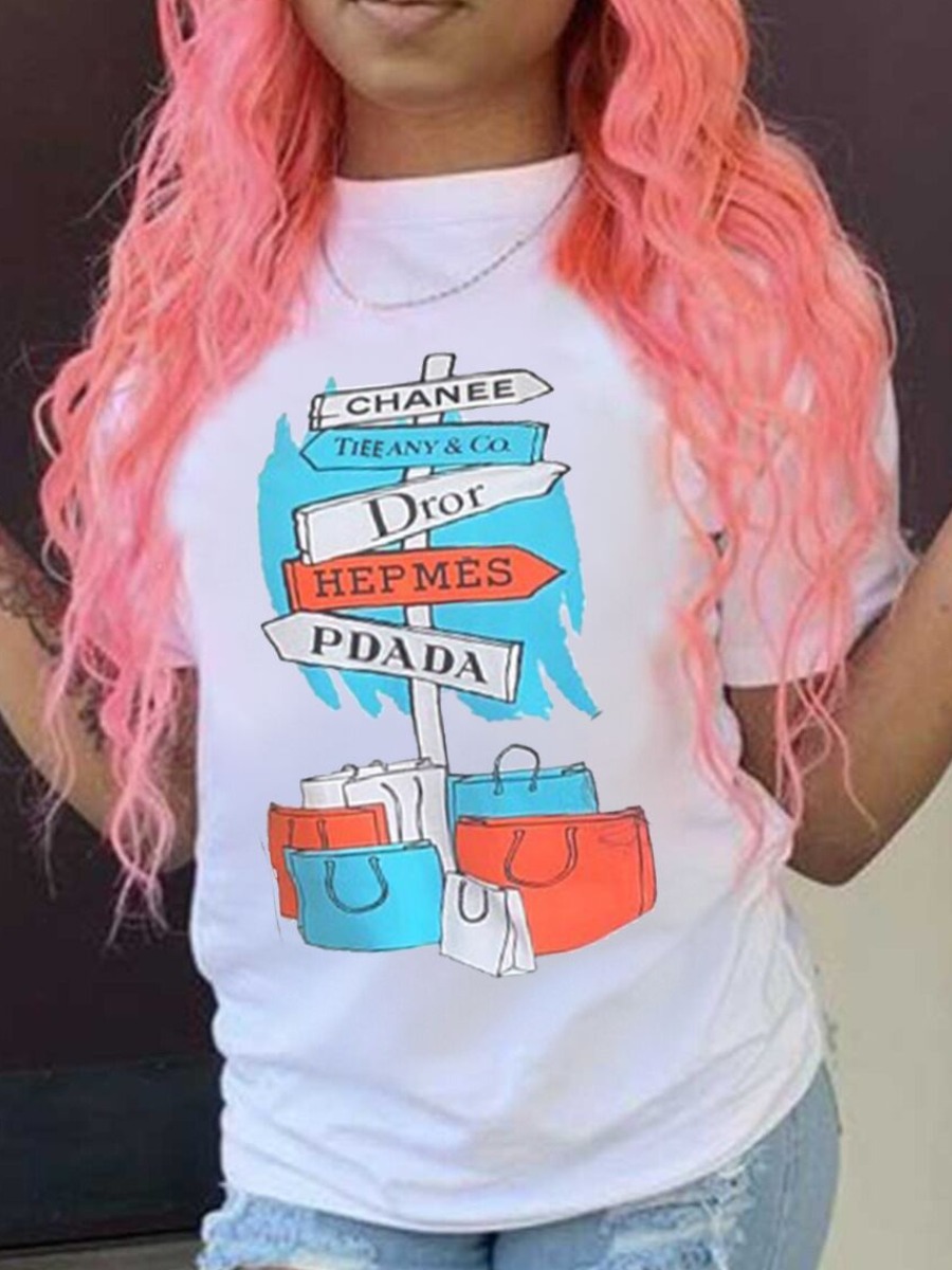 LovelyWholesale Geometric Letter Print T-shirt Summer Short Sleeve Casual Pattern Round Neck Spring Summer 2024