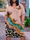 LW Plus Size Leopard Butterfly Print Pocket Design Dress
