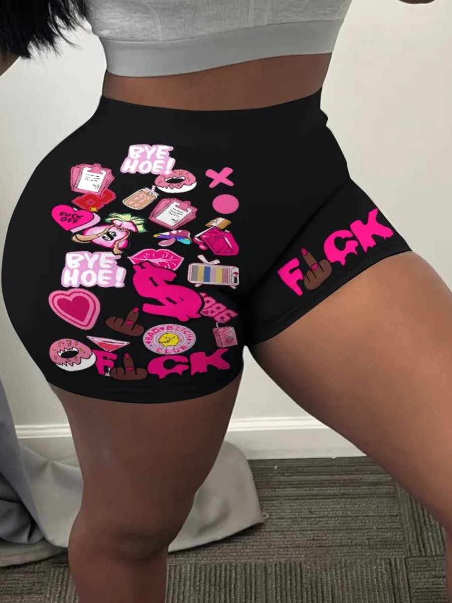 LovelyWholesale Plus Size Heart Letter Print High Stretchy Shorts Summer Casual  5X Spring Summer 2024