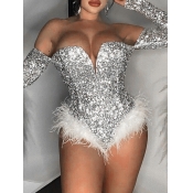 LW SXY Plus Size Tube Top Splicing Plush Hem Sequi