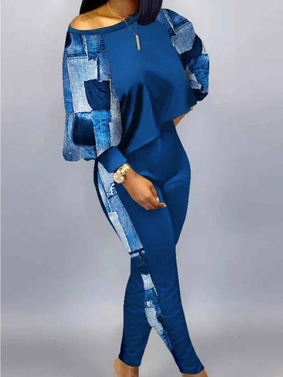 LW BASICS Lantern Sleeve Crop Top Patchwork Pants 