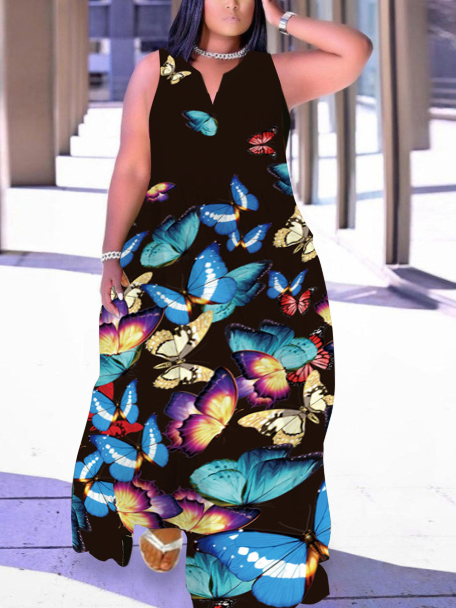 LW Plus Size Butterfly Print Pocket Design Dress