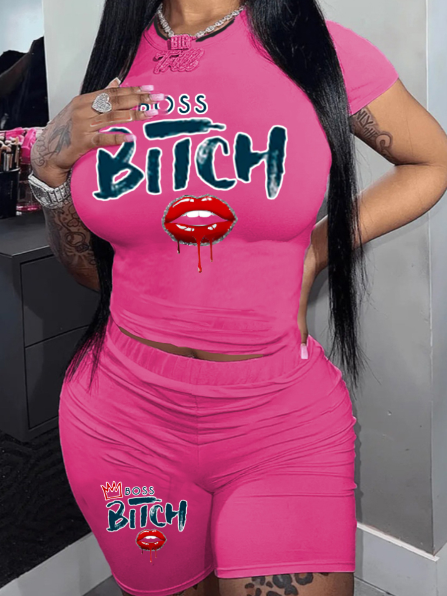 LW Crop Top Crown Lip Letter Print Shorts Set