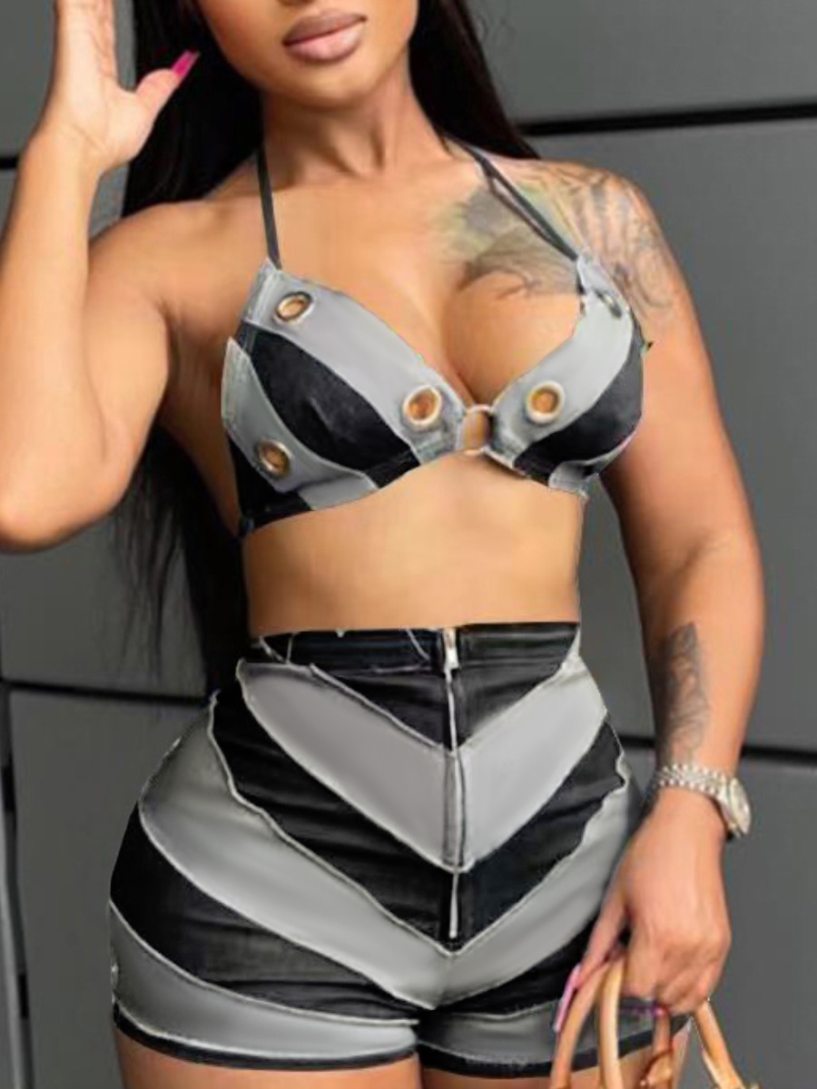 LovelyWholesale Bra Striped Raw Edge Shorts Set Summer Sleeveless Casual Patchwork U Neck Spring Summer 2024