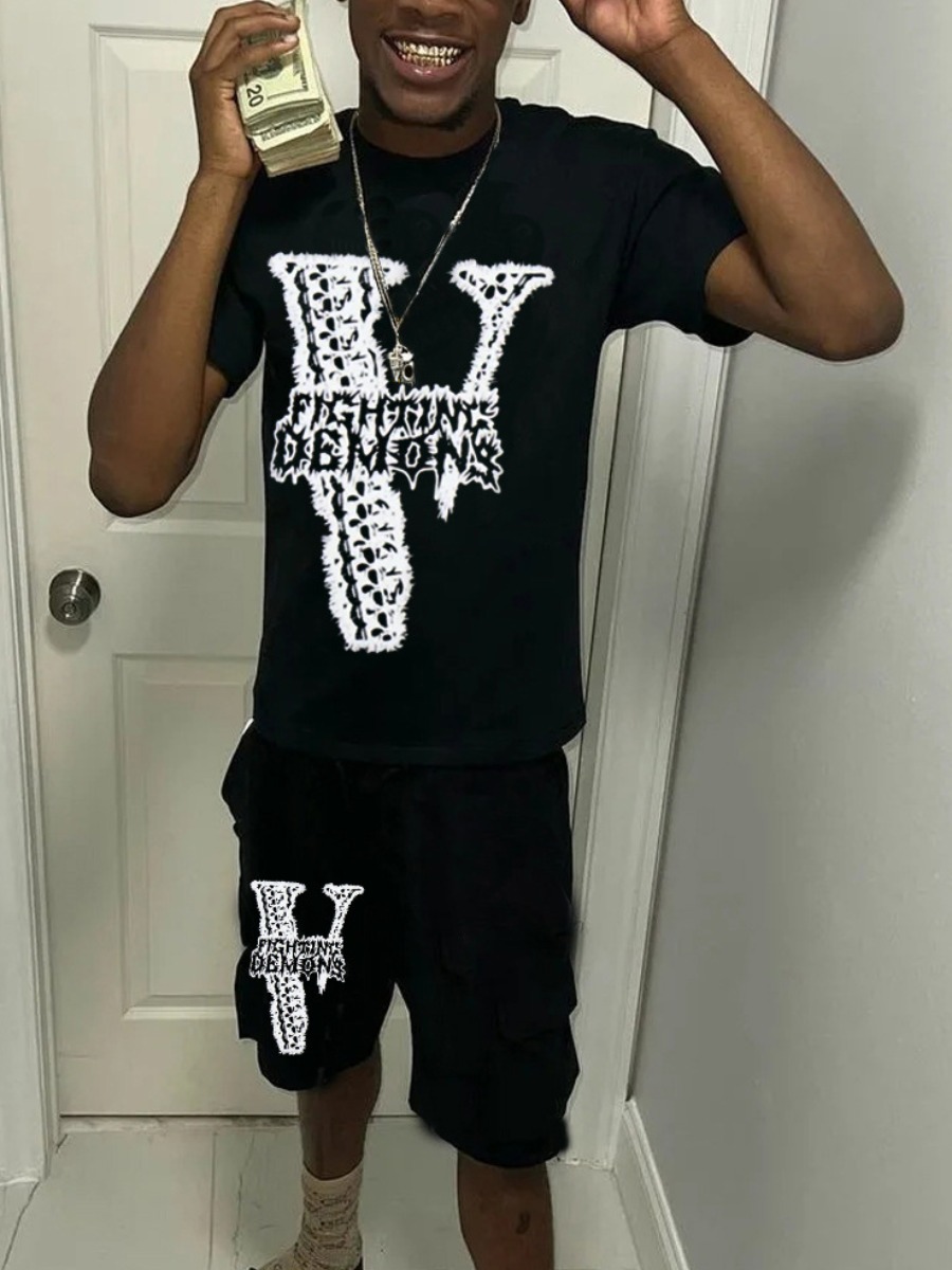 LovelyWholesale Men Letter Print Drawstring Shorts Set Summer Short Sleeve Casual Spring Summer 2024