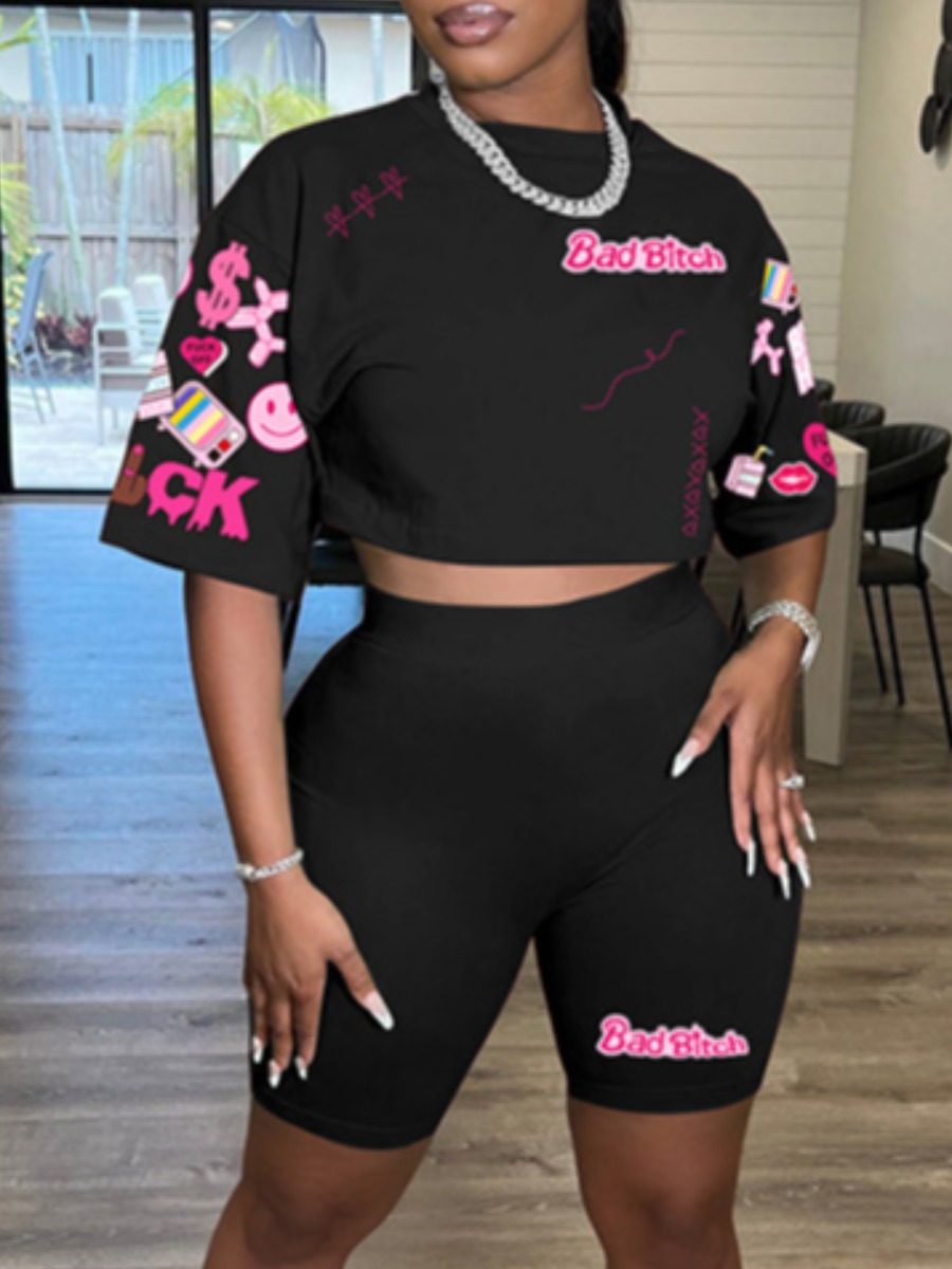 LovelyWholesale Plus Size Crop Top Letter Print Shorts Set Summer Half Sleeve Casual Round Neck  5X Spring Summer 2024