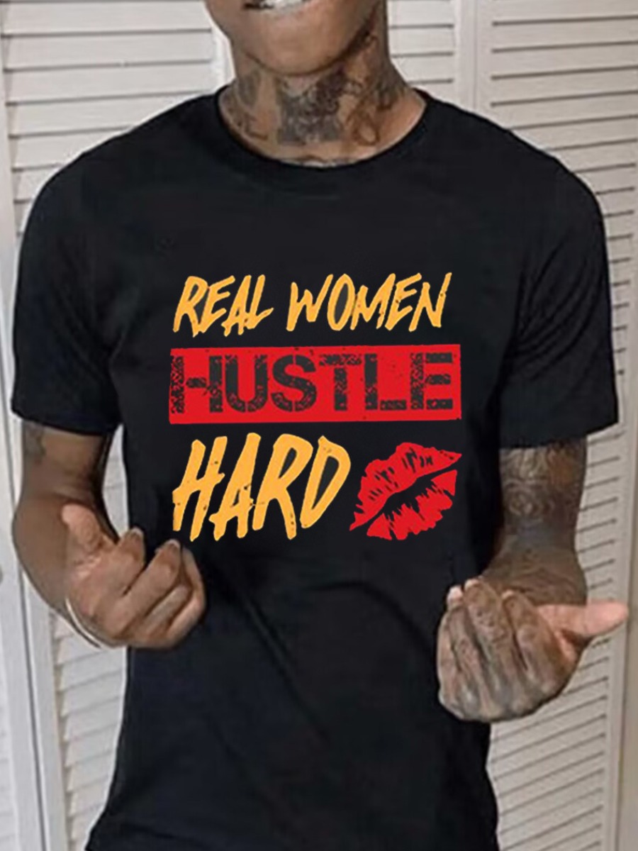LW Men Hustle Hard Letter Lip Print T-shirt