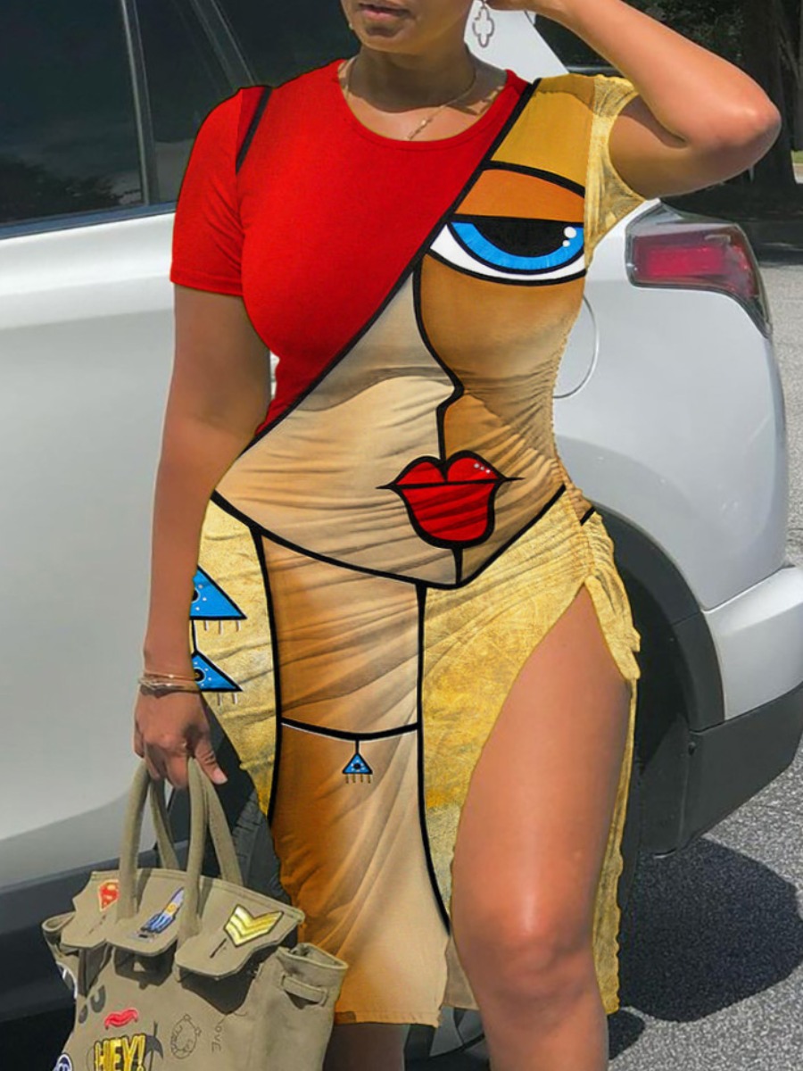 LovelyWholesale Plus Size Figure Print Drawstring Thigh Slit Dress Summer Short Sleeve Casual High Split Round Neck  5X Spring Summer 2024