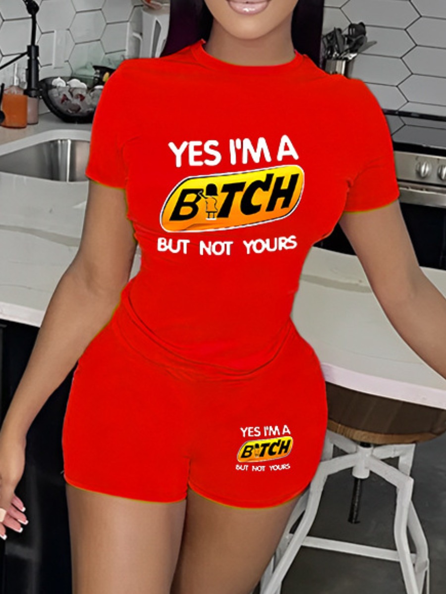 LovelyWholesale Letter Print Skinny Shorts Set Summer Short Sleeve Daily Letter Round Neck Spring Summer 2024