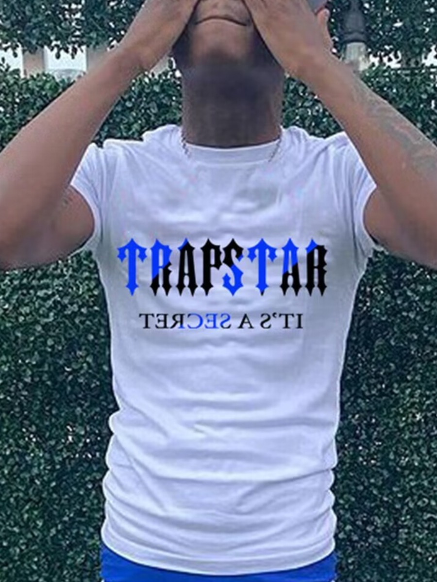 LovelyWholesale Men Letter Print Regular Fit T-shirt Summer Short Sleeve Casual Round Neck Spring Summer 2024