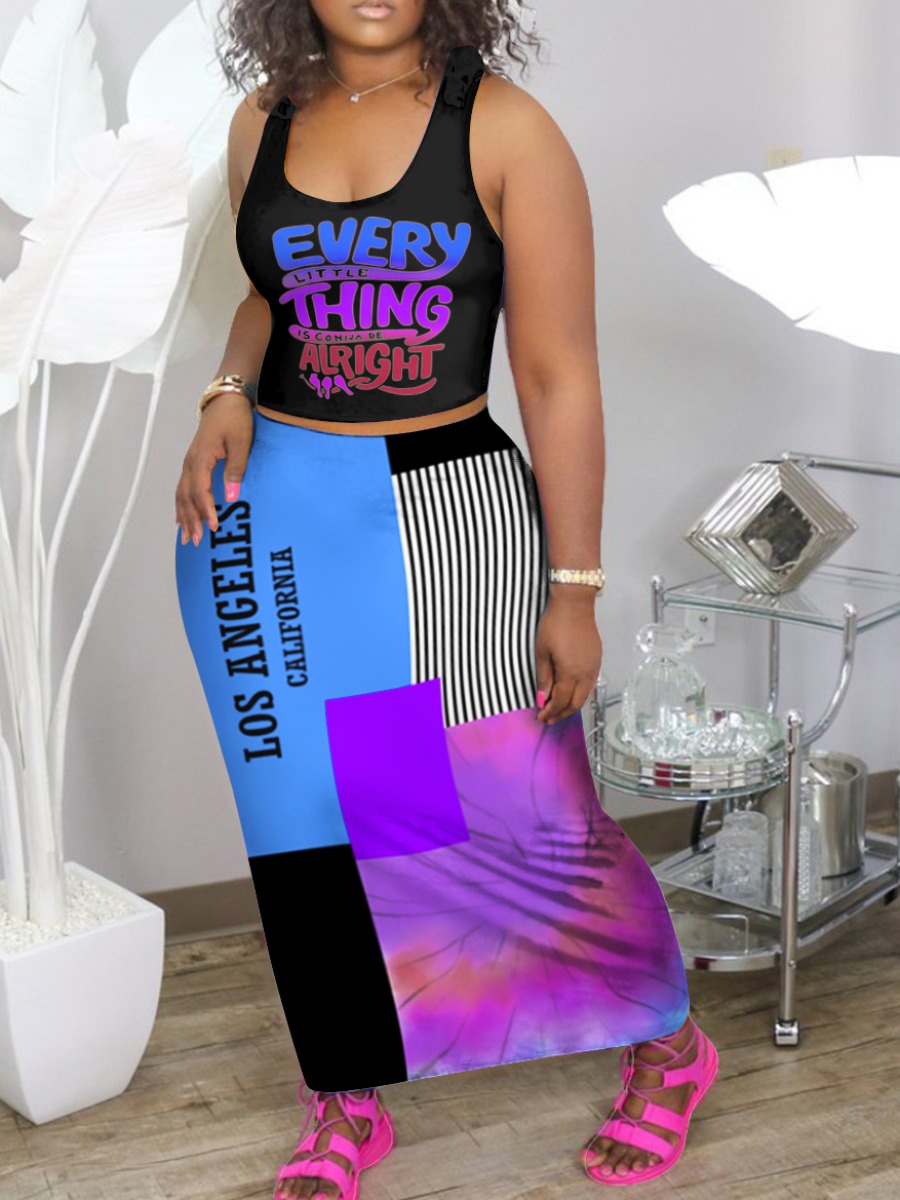 LW Plus Size Letter Print Striped Tie Dye Skirt Se