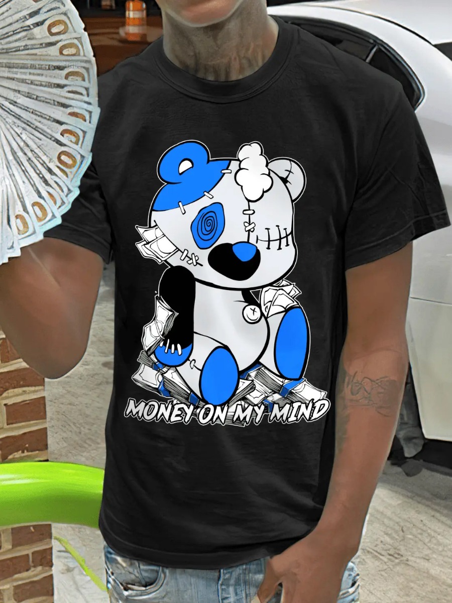 LovelyWholesale Bear Men Cartoon Letter Print T-shirt Summer Short Sleeve Casual Round Neck Spring Summer 2024