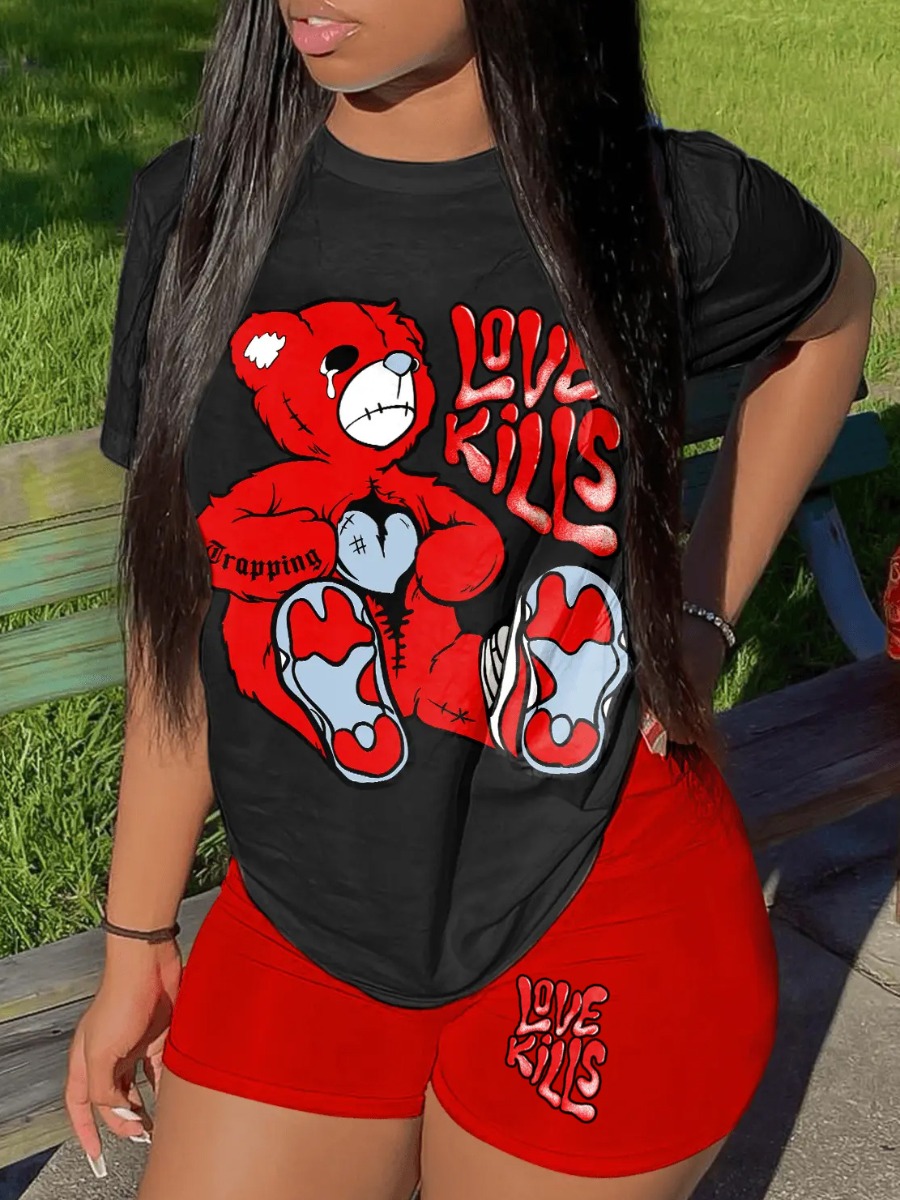 LovelyWholesale Teddy Bear Love Letter Print Shorts Set Summer Short Sleeve Daily Animal Print Round Neck Spring Summer 2024