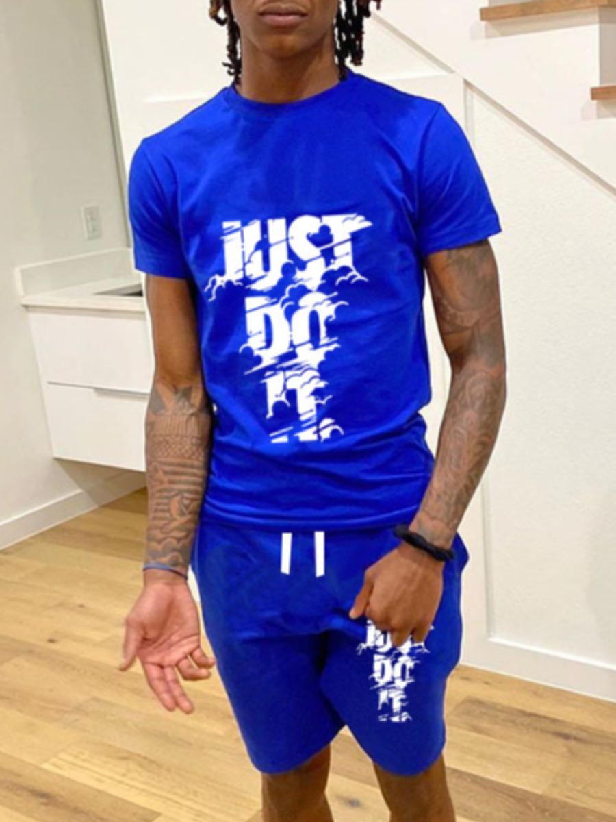 LW Men Just Do It Letter Print Drawstring Shorts Set