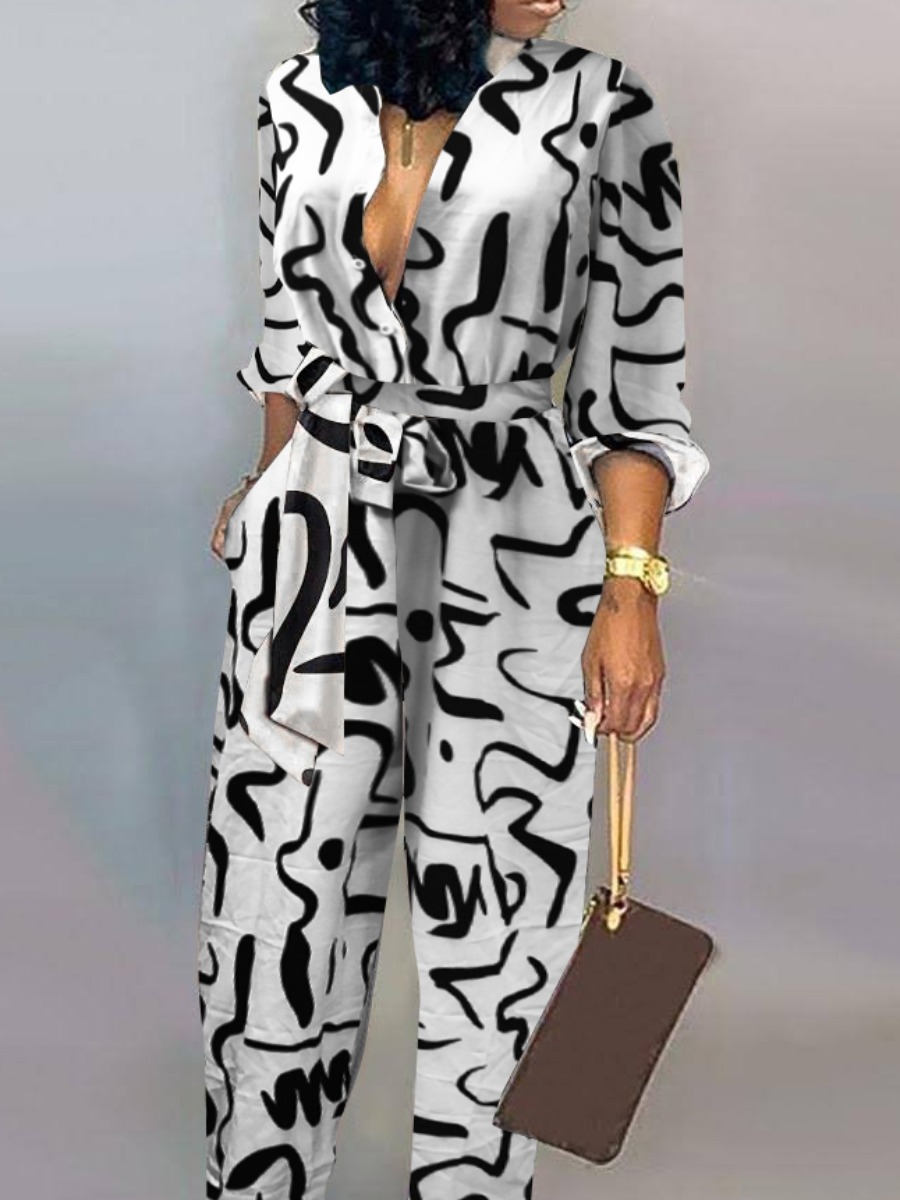 LW BASICS Plus Size Print Bandage Design Wide Leg Jumpsuit