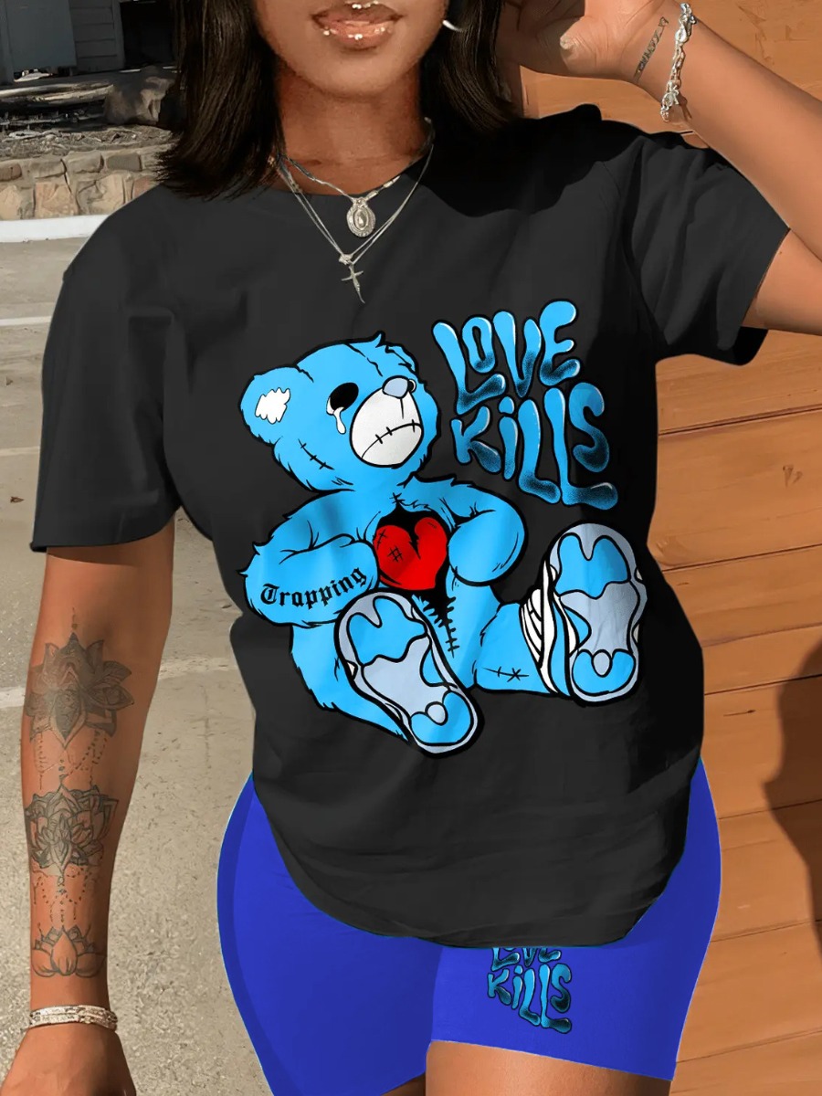 LovelyWholesale Teddy Bear Love Letter Print Shorts Set Summer Short Sleeve Daily Animal Print Round Neck Spring Summer 2024