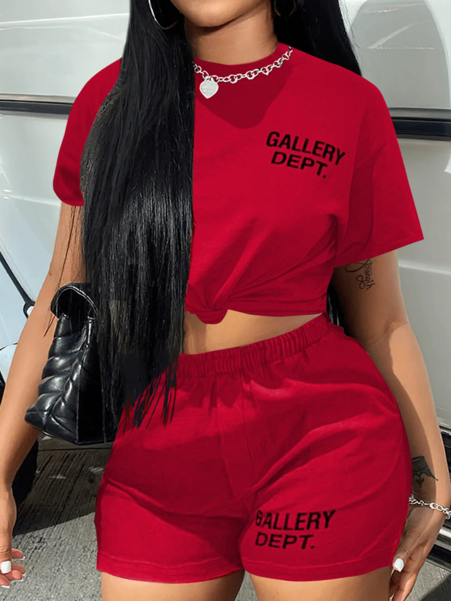 LW BASICS Round Neck Letter Print Shorts Set