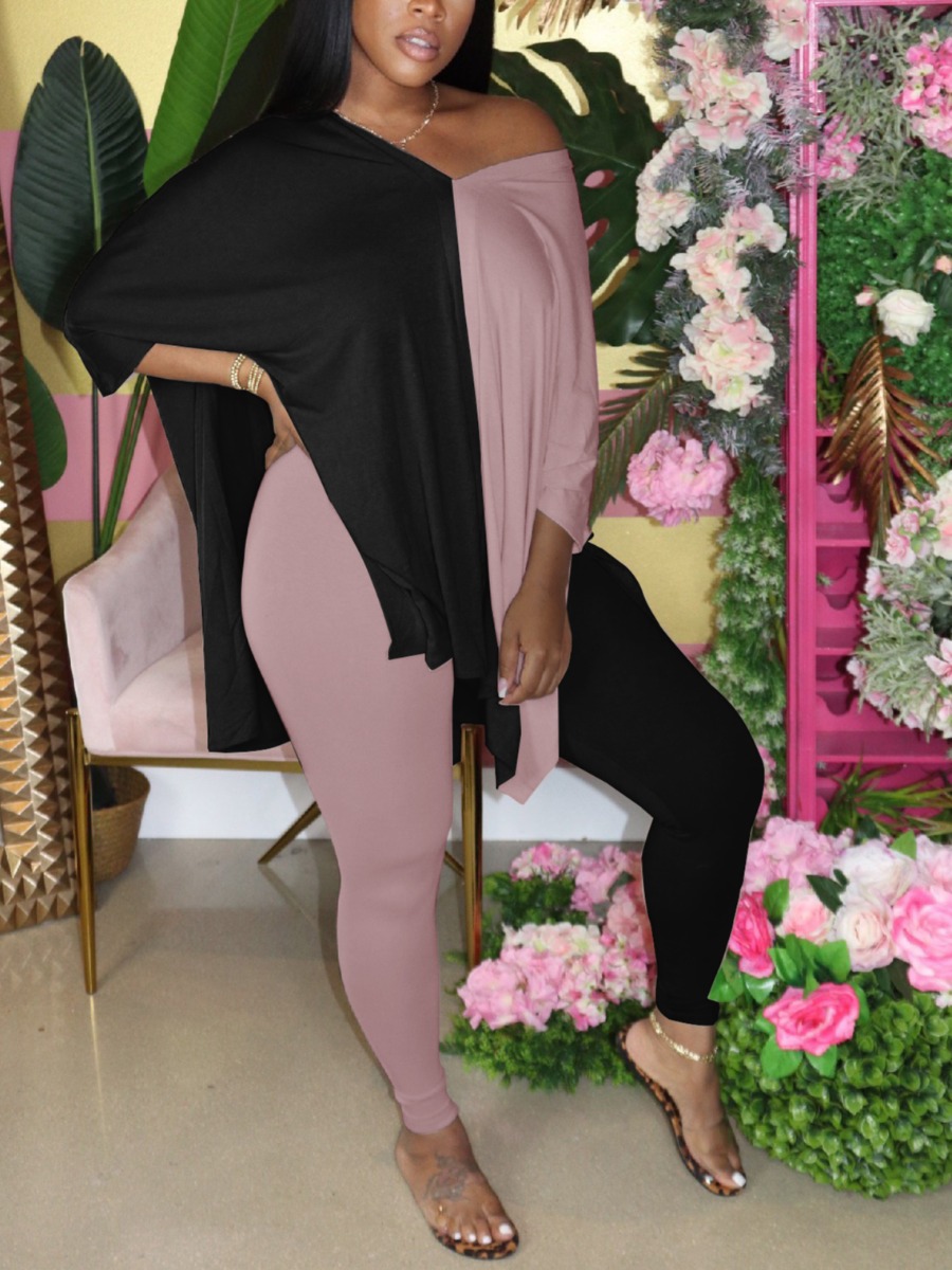 LW Plus Size V Neck Side Split Patchwork Pants Set