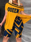 LW Plus Size One Shoulder Queen Letter Print Split Shorts Set