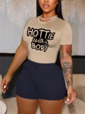LW Letter Print Drawstring Shorts Set