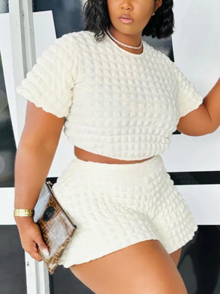LovelyWholesale Plus Size Crop Top Waffle Knit Shorts Set Summer Short Sleeve Casual Round Neck  4X Spring Summer 2024