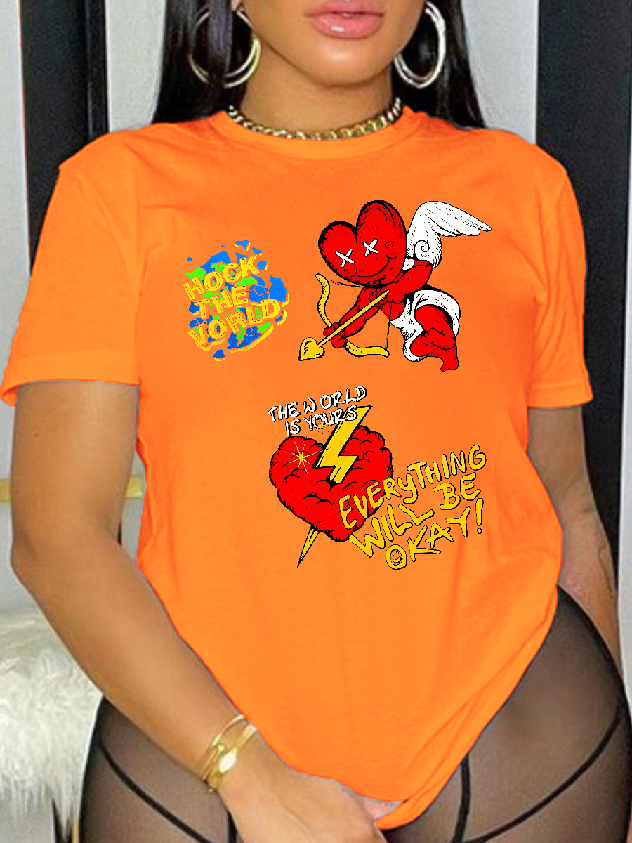 LovelyWholesale Cartoon Letter Print T-shirt Summer Short Sleeve Casual Pattern Round Neck Spring Summer 2024