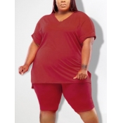 LW Plus Size Casual V Neck Split Red Two-piece Sho