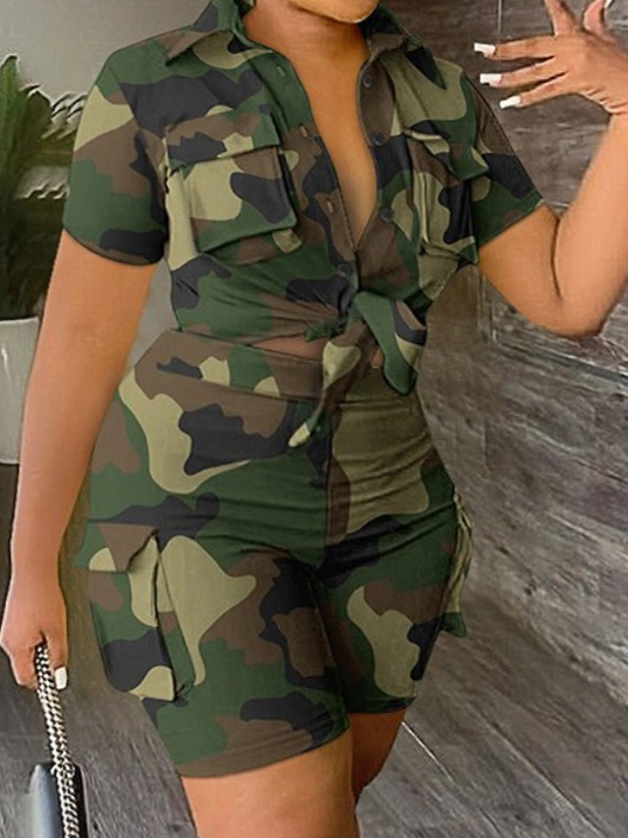 LW Plus Size Camo Print Side Pocket Cargo Shorts Set