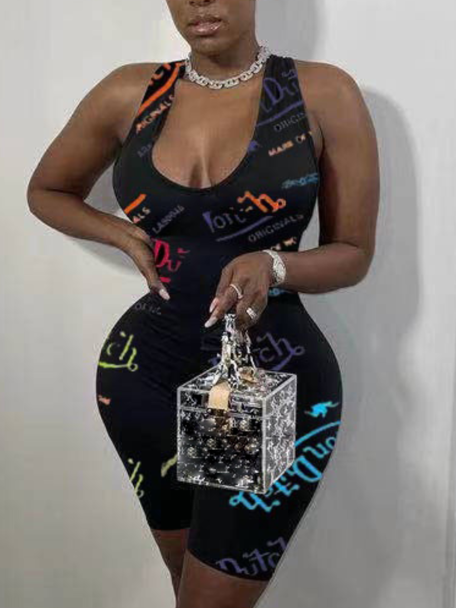 LW Plus Size Backless Letter Skinny Romper