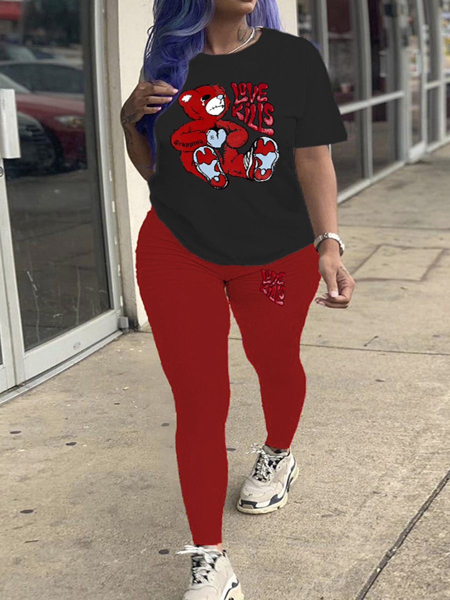 LovelyWholesale Plus Size Bear Cartoon Letter Print Pants Set Spring Short Sleeve Casual Round Neck  5X Spring Summer 2024