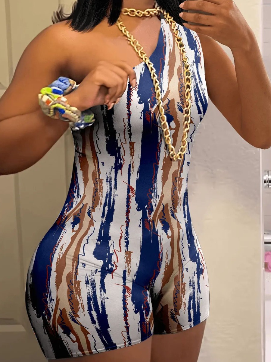 LW One Shoulder Mixed Print Skinny Romper