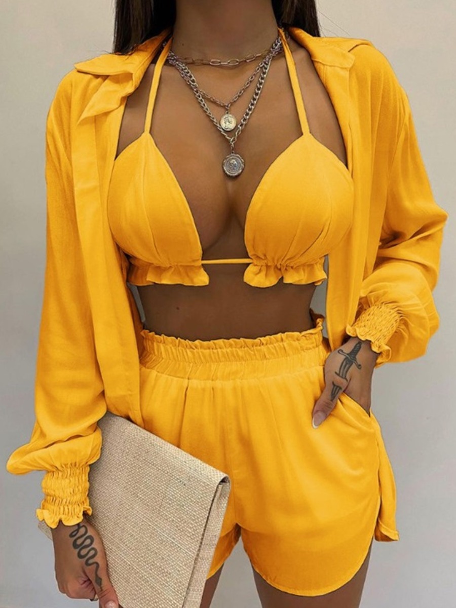 LW Plus Size Lantern Sleeve Ruffle Trim Three-piece Shorts Set