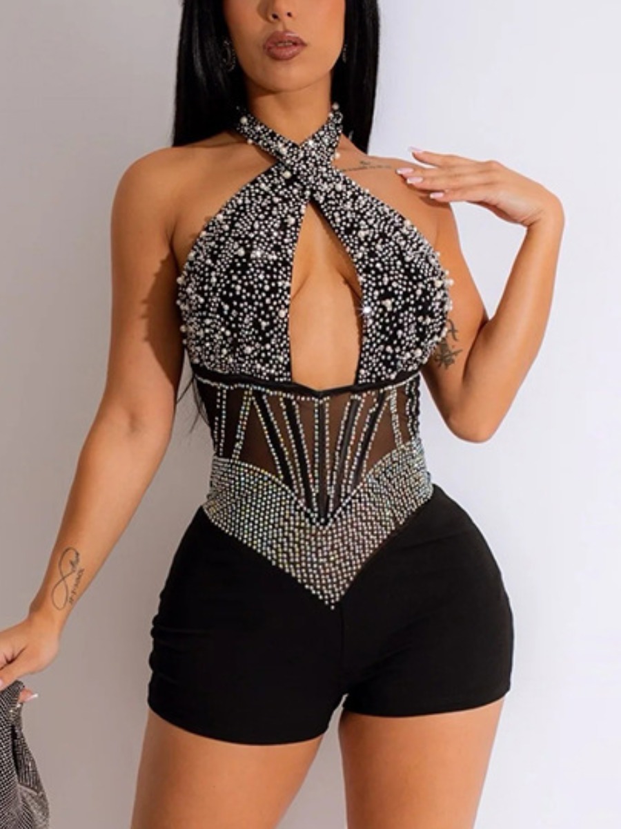 LW SXY Beading Rhinestones Criss Cross Halter Neck