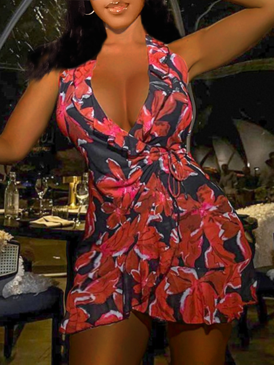 LW Floral Print Wrapped Bandage Design Dress