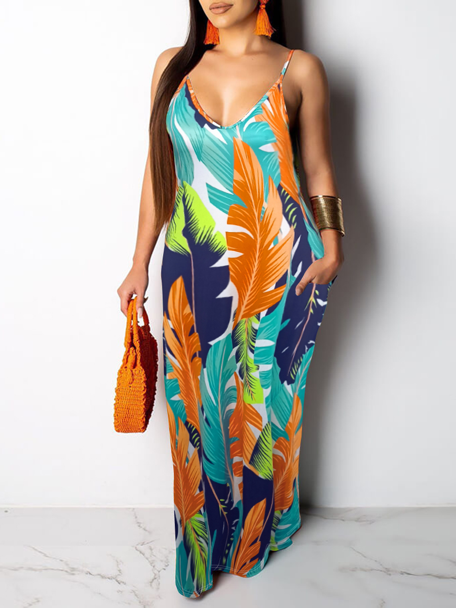 LW Stylish Printed Backless Blue Floor Length Dress